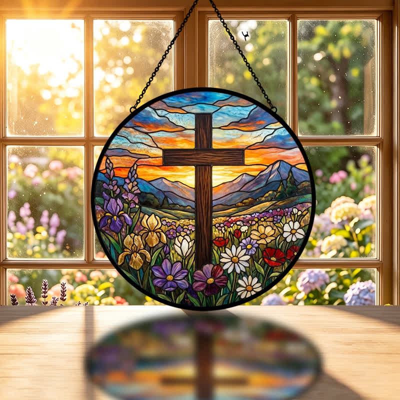 Christianartworkshop Sunrise Meadow Cross Glass Suncatcher: Emblem Of Radiant Heavenly Hope - image 1