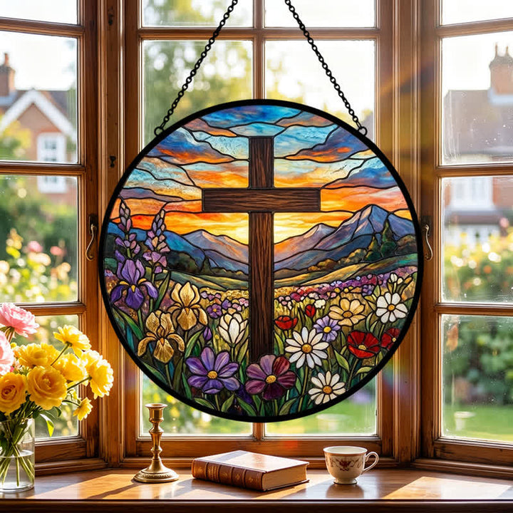 Christianartworkshop Sunrise Meadow Cross Glass Suncatcher: Emblem Of Radiant Heavenly Hope - image 3