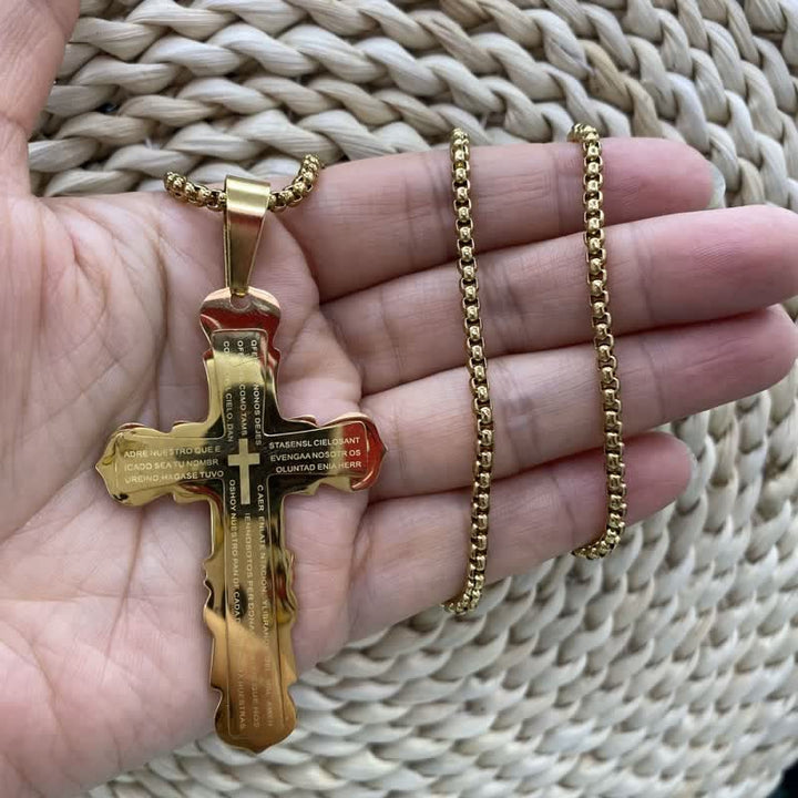 Christianartworkshop Dual‑Link Choice Spanish Verse Cross Necklace: Symbol of Gentle Celestial Shelter - Golden - Box Chain - image 12