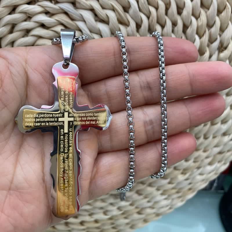 Christianartworkshop Dual‑Link Choice Spanish Verse Cross Necklace: Symbol of Gentle Celestial Shelter - Silver & Golden - Box Chain - image 6