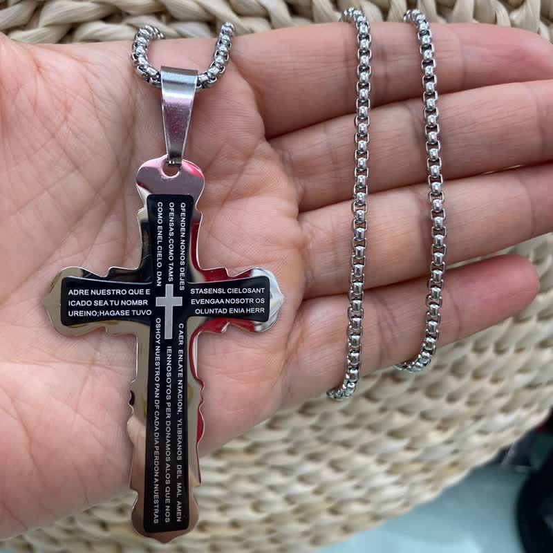 Christianartworkshop Dual‑Link Choice Spanish Verse Cross Necklace: Symbol of Gentle Celestial Shelter - Black - Box Chain - image 3