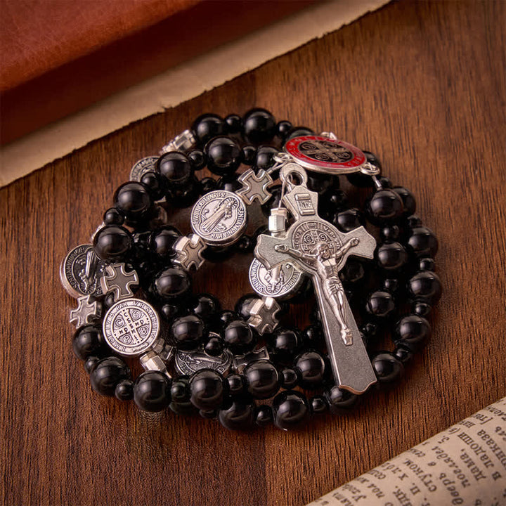 Christianartworkshop Sleek Black Acrylic Bead Rosary with St.Benedict Medals: Emblem of Steadfast Heavenly Safeguard - image 3