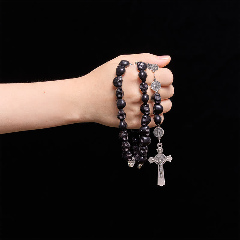 Christianartworkshop Carved Black Skull Acrylic Memento Mori Rosary with St.Benedict Medals - image 1