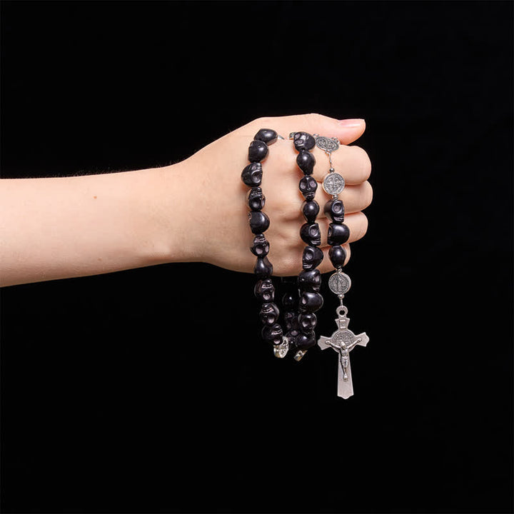 Christianartworkshop Carved Black Skull Acrylic Memento Mori Rosary with St.Benedict Medals - image 1