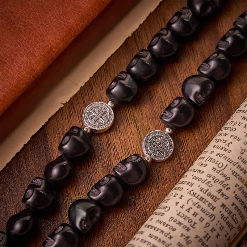 Christianartworkshop Carved Black Skull Acrylic Memento Mori Rosary with St.Benedict Medals - image 6