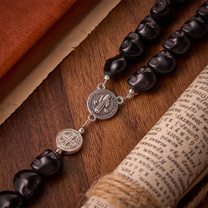 Christianartworkshop Carved Black Skull Acrylic Memento Mori Rosary with St.Benedict Medals - image 7