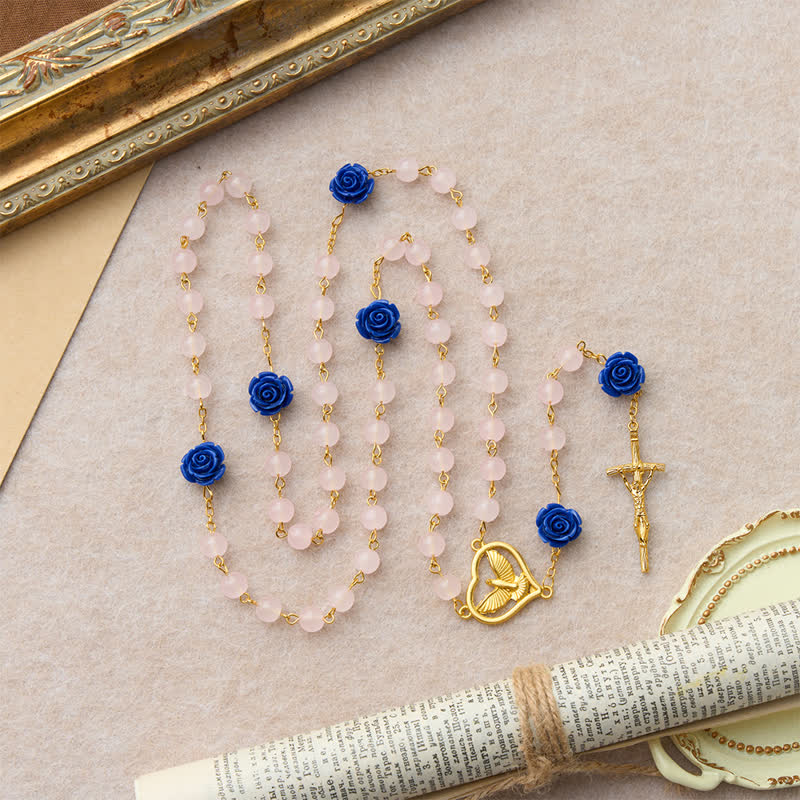 Christianartworkshop Heavenly Royal Blue Rose Pink Glass Rosary with Holy Spirit Heart & Crucifix - image 4