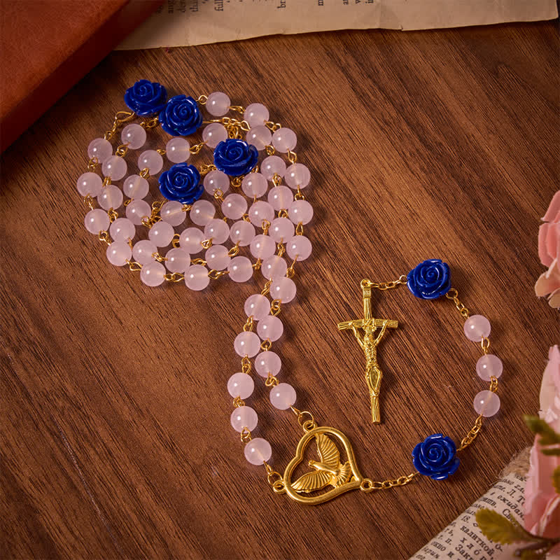 Christianartworkshop Heavenly Royal Blue Rose Pink Glass Rosary with Holy Spirit Heart & Crucifix - image 2