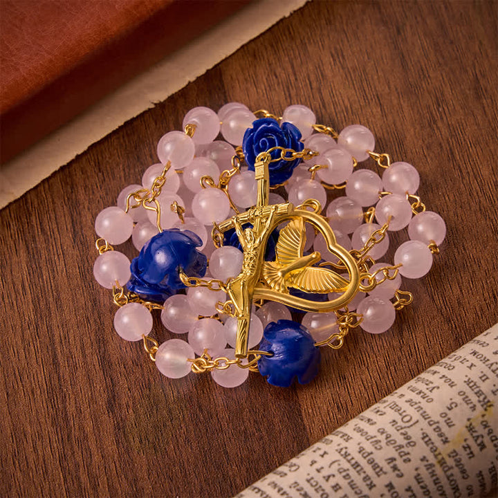 Christianartworkshop Heavenly Royal Blue Rose Pink Glass Rosary with Holy Spirit Heart & Crucifix - Holy Spirit Rose Rosary - image 0