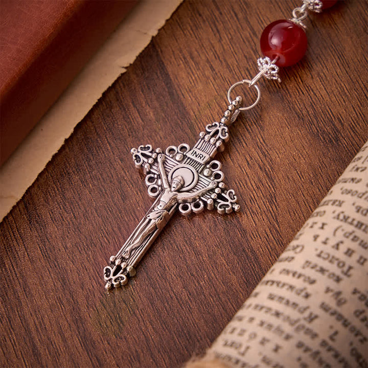 Christianartworkshop Glossy Red Glass Bead Rosary with Jerusalem Cross: Emblem of Noble Heavenly Redemption - image 8