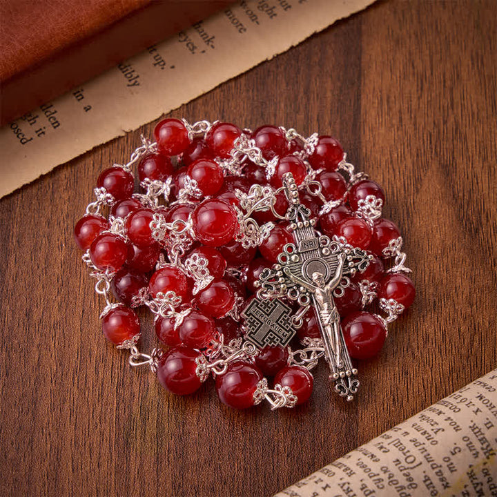 Christianartworkshop Glossy Red Glass Bead Rosary with Jerusalem Cross: Emblem of Noble Heavenly Redemption - image 5