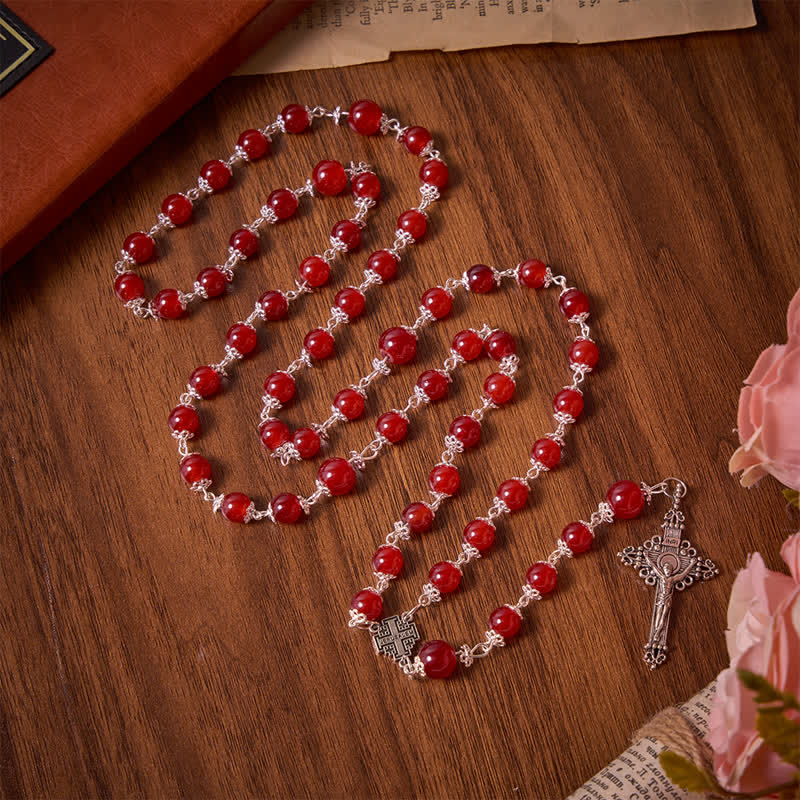 Christianartworkshop Glossy Red Glass Bead Rosary with Jerusalem Cross: Emblem of Noble Heavenly Redemption - Red Glass Beads Rosary - image 0