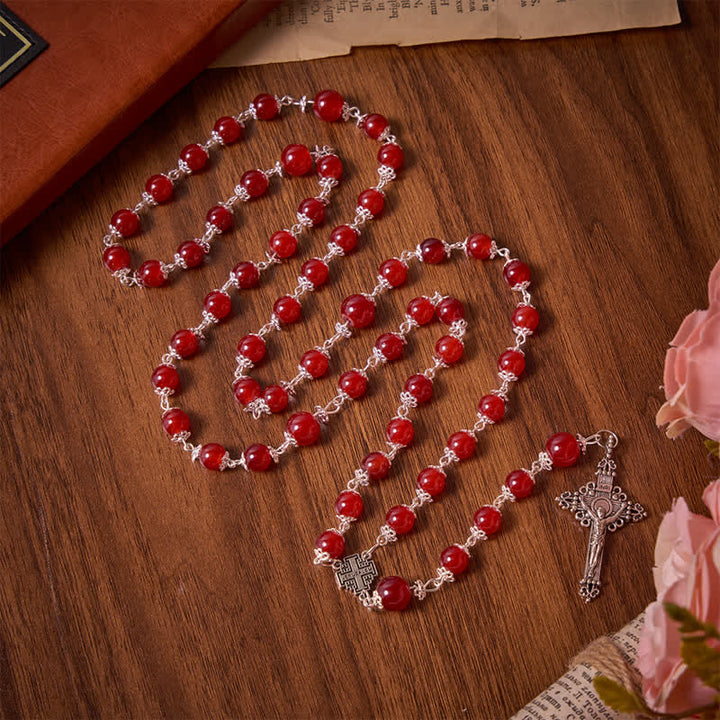 Christianartworkshop Glossy Red Glass Bead Rosary with Jerusalem Cross: Emblem of Noble Heavenly Redemption - Red Glass Beads Rosary - image 0