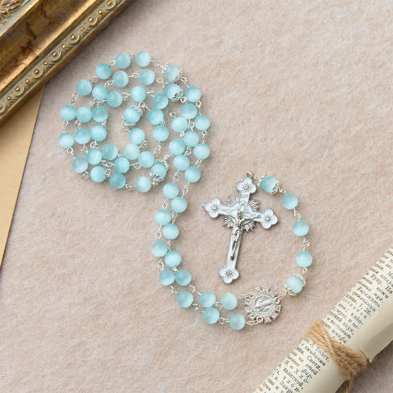Christianartworkshop Pale Sky Cat's Eye Bead Rosary & St. Benedict Cross: Emblem of Quiet Sacred Guidance - image 4