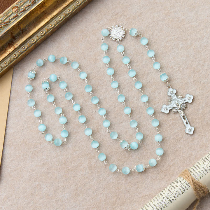 Christianartworkshop Pale Sky Cat's Eye Bead Rosary & St. Benedict Cross: Emblem of Quiet Sacred Guidance - image 5