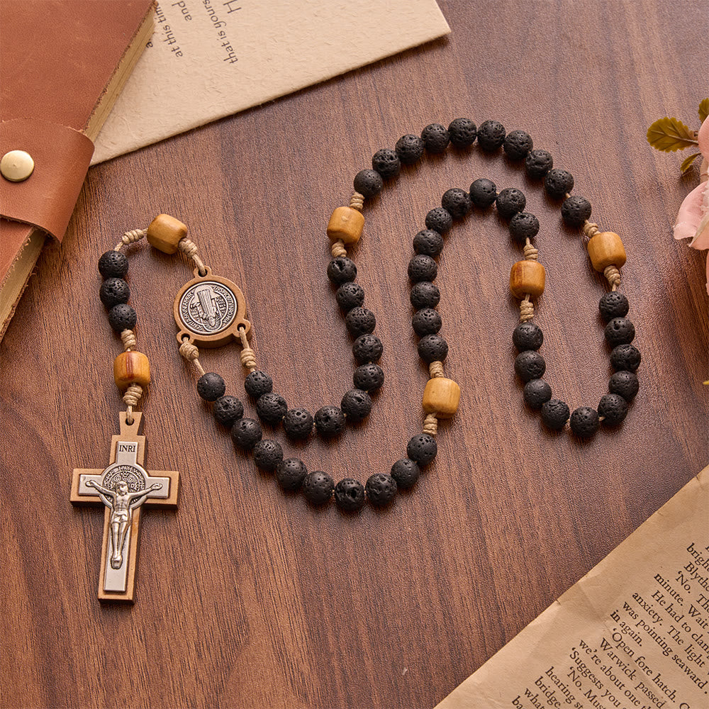 Christianartworkshop Natural Durable Volcanic Stone Rosary with St. Benedict Medal & Crucifix - St. Benedict & Crucifix - image 0