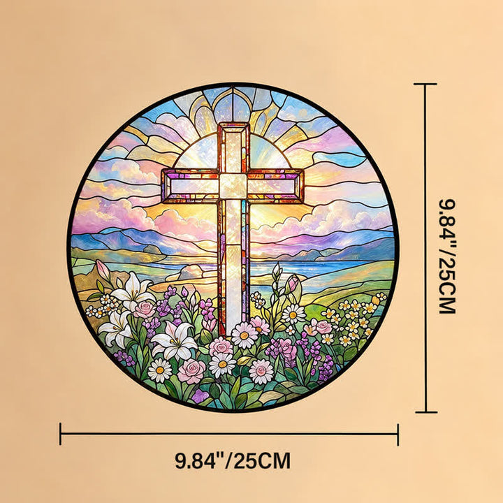 Christianartworkshop Round Scenic Cross Glass Suncatcher: Sign of Timeless Sacred Grace - 9.84''*9.84''*0.14''/25*25*0.35cm - image 9
