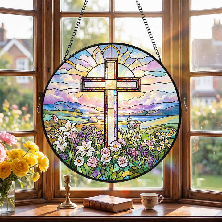 Christianartworkshop Round Scenic Cross Glass Suncatcher: Sign of Timeless Sacred Grace - image 3