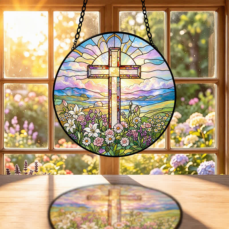 Christianartworkshop Round Scenic Cross Glass Suncatcher: Sign of Timeless Sacred Grace - image 1