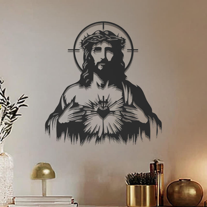 Christianartworkshop Sacred Heart Jesus Crown of Thorns Halo Silhouette Metal Wall Decor: Timeless Emblem of Boundless Divine Compassion - image 0