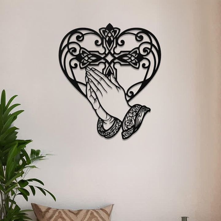 Christianartworkshop Scroll Heart Frame Praying Hands Cross Metal Wall Decor: Timeless Emblem of Sacred Redemptive Grace - image 0