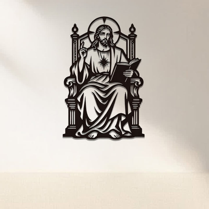 Christianartworkshop Throne Seated Sacred Heart Jesus Holding Scripture Metal Wall Decor: Timeless Emblem of Sacred Redemptive Grace - image 2