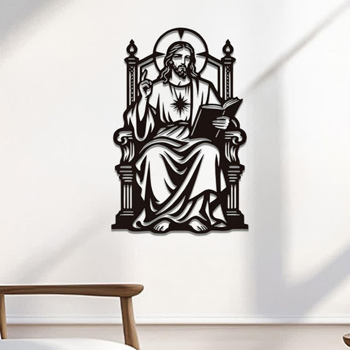 Christianartworkshop Throne Seated Sacred Heart Jesus Holding Scripture Metal Wall Decor: Timeless Emblem of Sacred Redemptive Grace - image 3