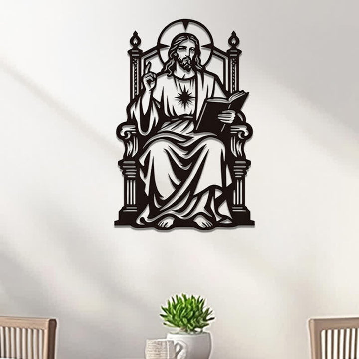 Christianartworkshop Throne Seated Sacred Heart Jesus Holding Scripture Metal Wall Decor: Timeless Emblem of Sacred Redemptive Grace - image 1