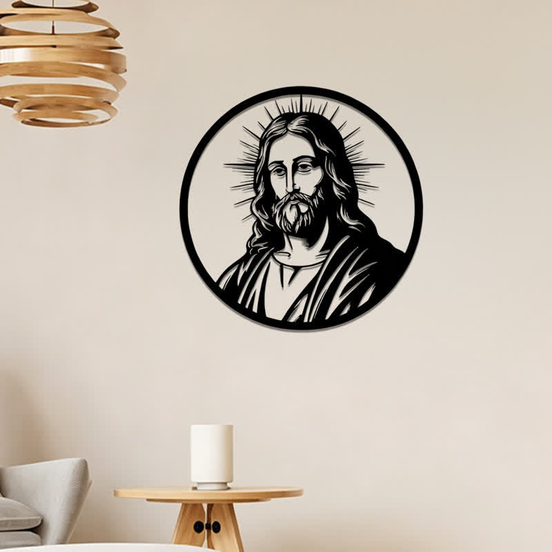 Christianartworkshop Circular Border Radiant Halo Jesus Portrait Metal Wall Decor: Timeless Emblem of Sacred Redemptive Grace - image 1