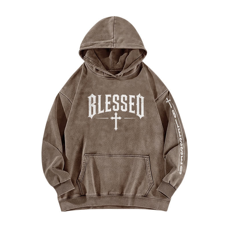 Christianartworkshop Blessed Gothic Cross Graphic Washed Hoodie - Coffee - 5XL - image 4