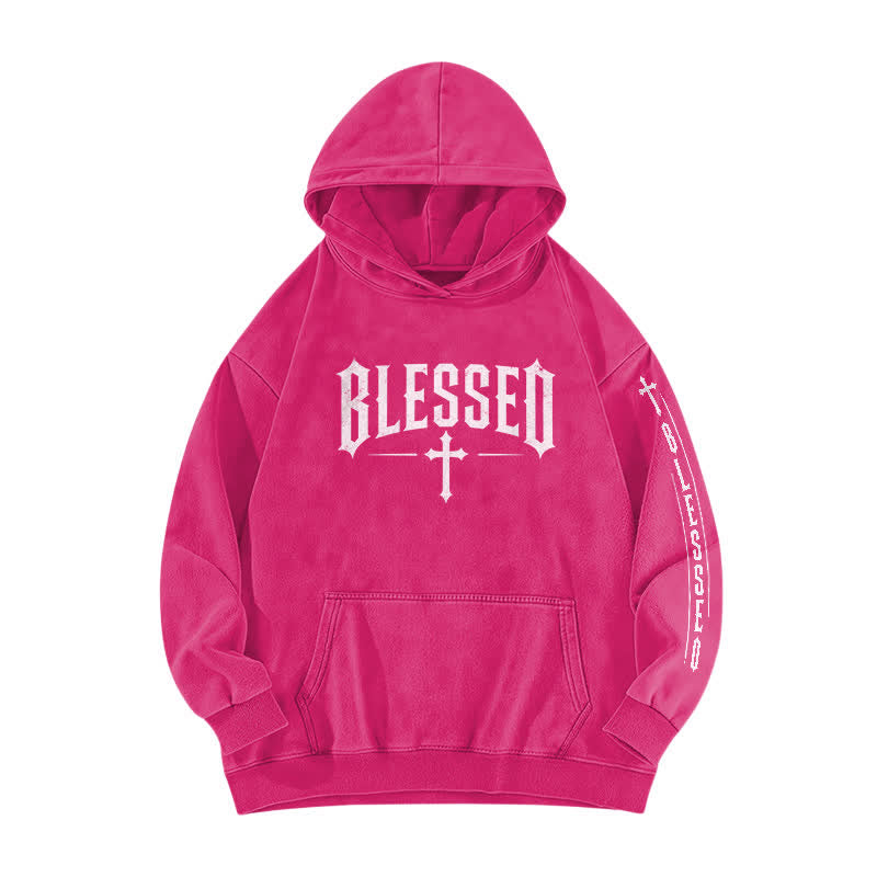 Christianartworkshop Blessed Gothic Cross Graphic Washed Hoodie - Rose - 5XL - image 5