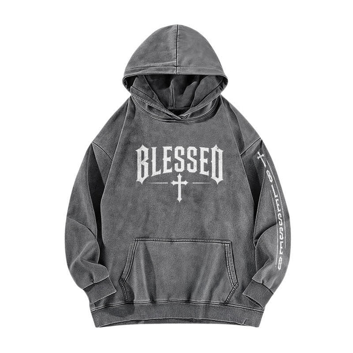 Christianartworkshop Blessed Gothic Cross Graphic Washed Hoodie - Grey - 5XL - image 3