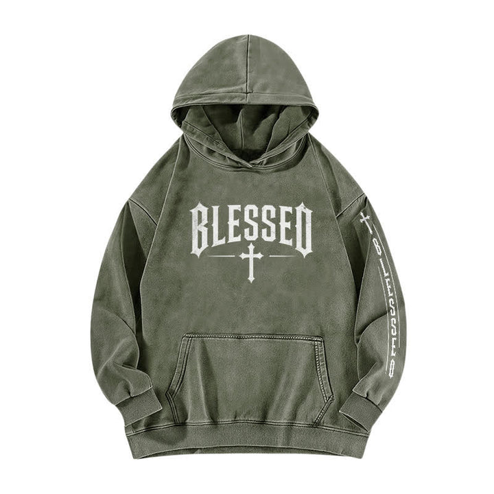 Christianartworkshop Blessed Gothic Cross Graphic Washed Hoodie - Army Green - 5XL - image 2