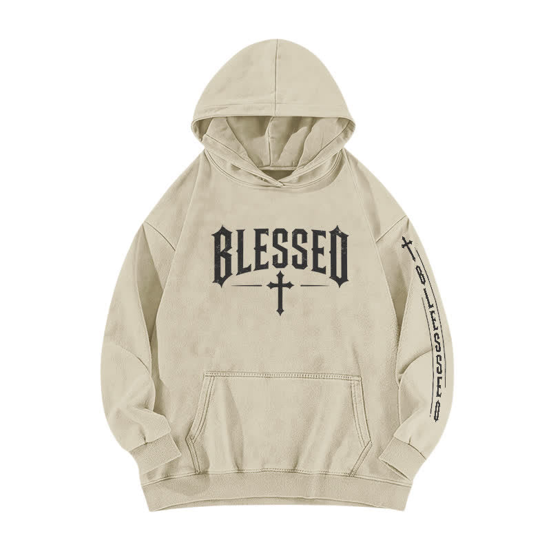 Christianartworkshop Blessed Gothic Cross Graphic Washed Hoodie - Apricot - 5XL - image 0