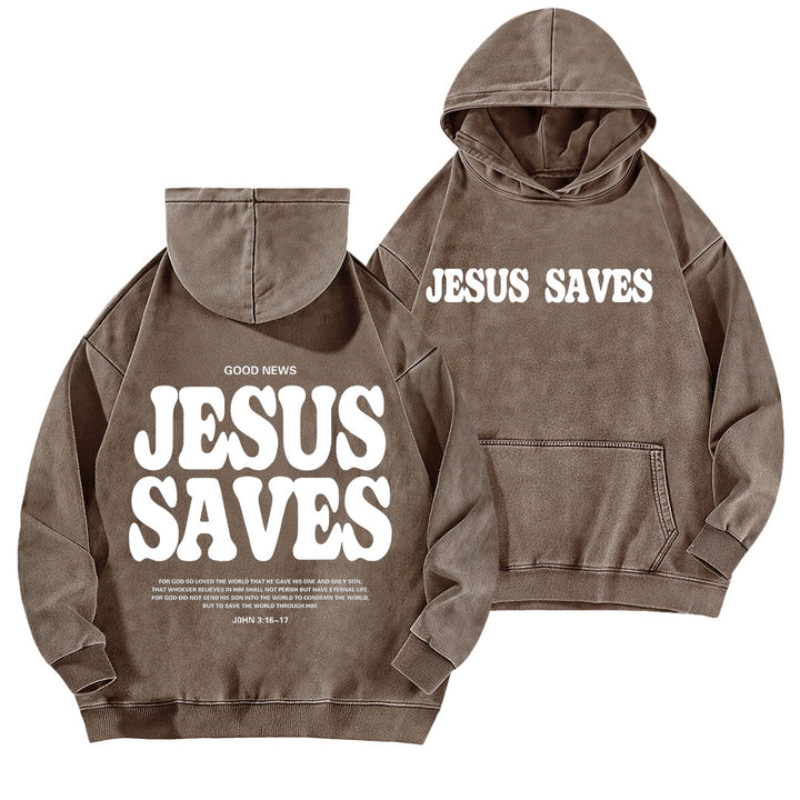 Christianartworkshop Jesus Saves Good News Front And Back Washed Hoodie - Brown - 5XL - image 9