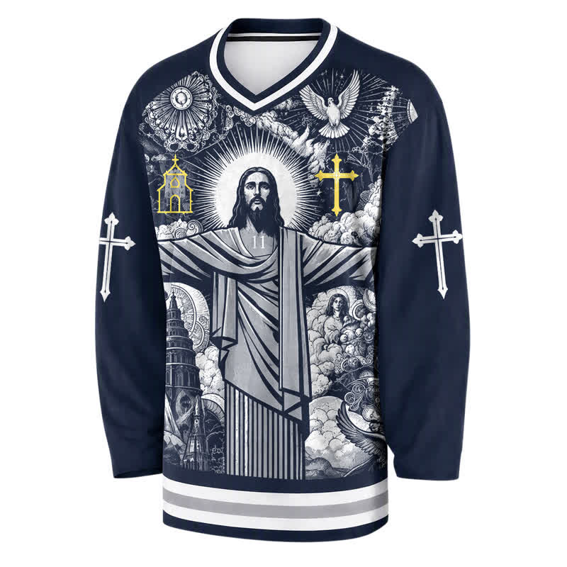 Christianartworkshop Jesus 23 Navy Streetwear Long Sleeve Hockey Jersey - image 2