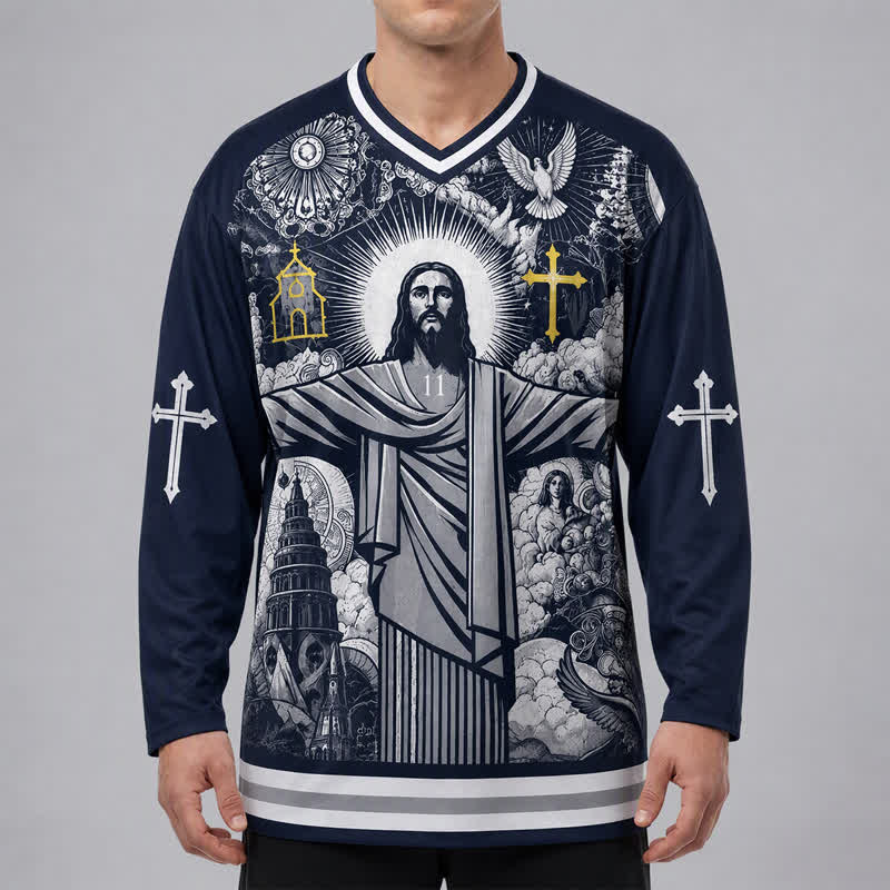 Christianartworkshop Jesus 23 Navy Streetwear Long Sleeve Hockey Jersey - image 3