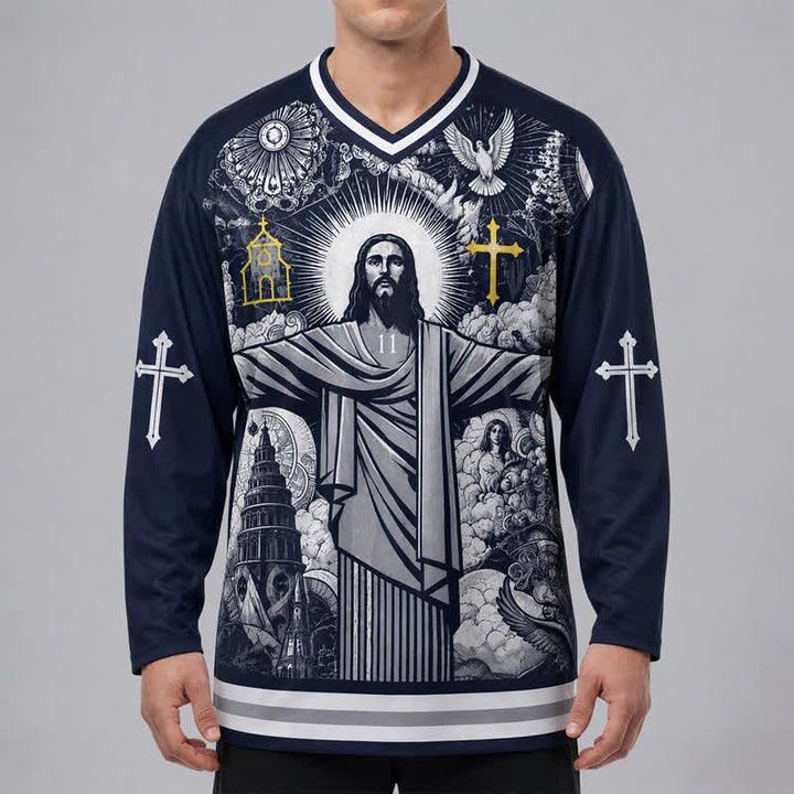 Christianartworkshop Jesus 23 Navy Streetwear Long Sleeve Hockey Jersey - image 3