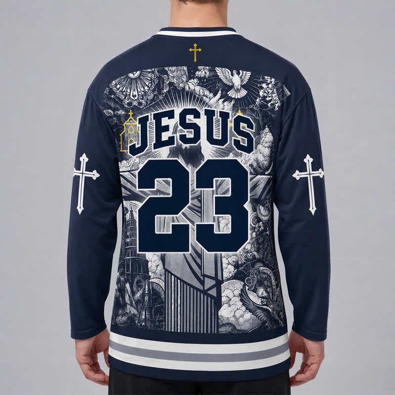 Christianartworkshop Jesus 23 Navy Streetwear Long Sleeve Hockey Jersey - image 4