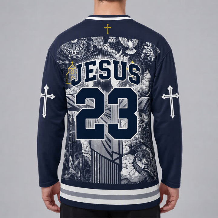 Christianartworkshop Jesus 23 Navy Streetwear Long Sleeve Hockey Jersey - image 4