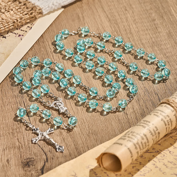 Christianartworkshop Our Lady & Crucifix of 8mm Round Glass Blue Alloy Chain Rosary - Blue - image 0