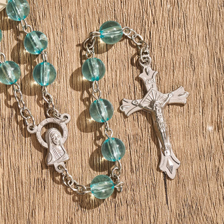 Christianartworkshop Our Lady & Crucifix of 8mm Round Glass Blue Alloy Chain Rosary - image 4
