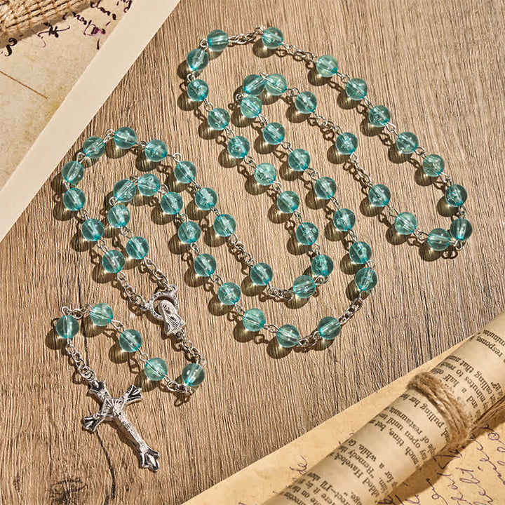 Christianartworkshop Our Lady & Crucifix of 8mm Round Glass Blue Alloy Chain Rosary - image 3