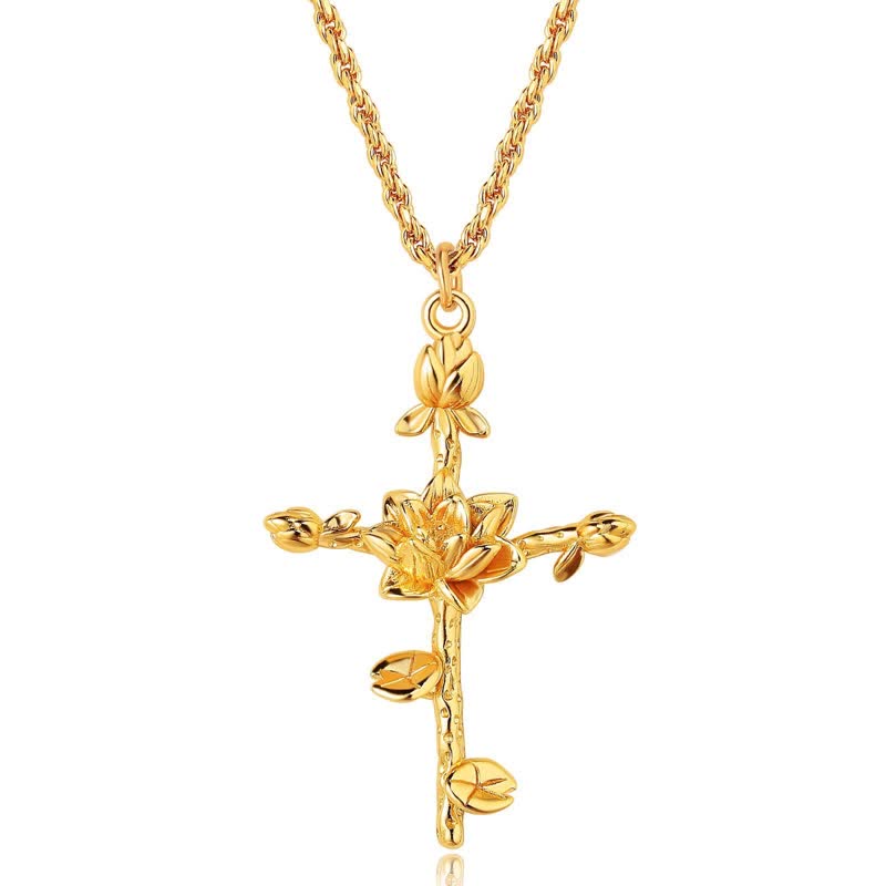 Christianartworkshop Polished Zinc Alloy Birth Flower Cross Necklace: Icon of Warm Heavenly Blessing - Lotus - image 8