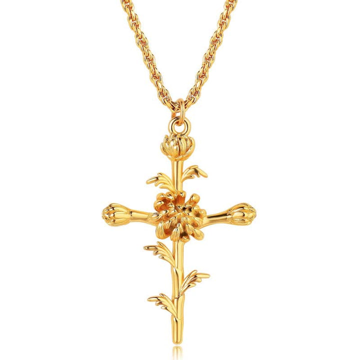 Christianartworkshop Polished Zinc Alloy Birth Flower Cross Necklace: Icon of Warm Heavenly Blessing - Chrysanthemum - image 12