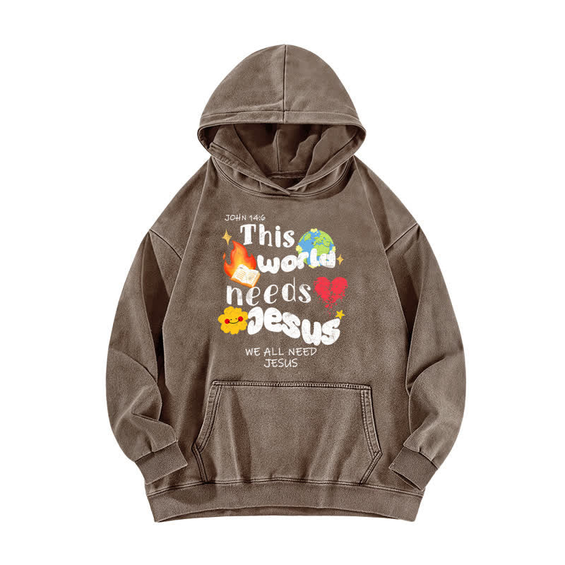 Christianartworkshop This World Needs Jesus Vintage Streetwear Washed Hoodie - Coffee - 5XL - image 0