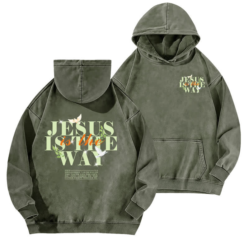 Christianartworkshop Jesus Is The Way Vintage Olive Washed Hoodie - Army Green - 5XL - image 0