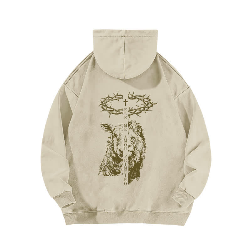 Christianartworkshop Crown Of Thorns Cross Graphic Beige Washed Hoodie - image 1
