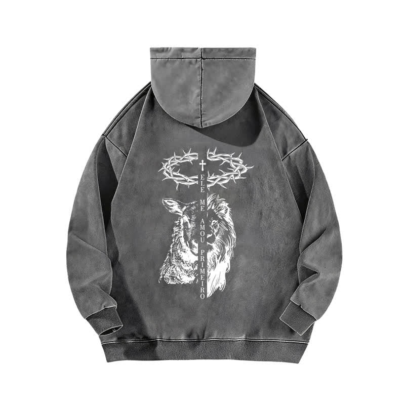 Christianartworkshop Crown Of Thorns Cross Graphic Beige Washed Hoodie - image 7