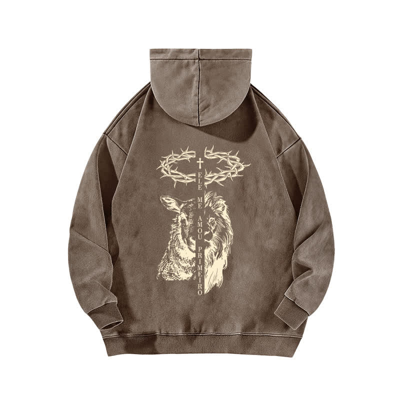 Christianartworkshop Crown Of Thorns Cross Graphic Beige Washed Hoodie - image 13
